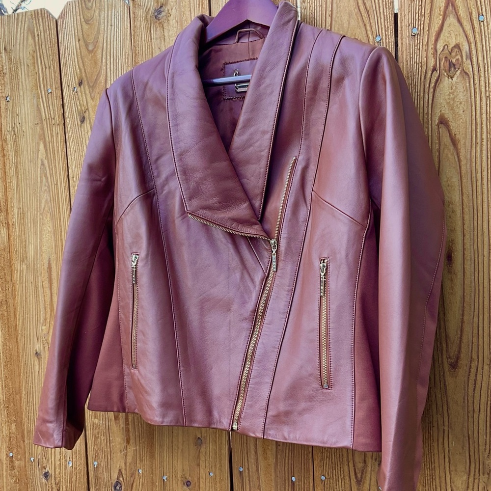 Beautiful Warm Brown Leather Jacket by Iman - unique asymmetrical neckline